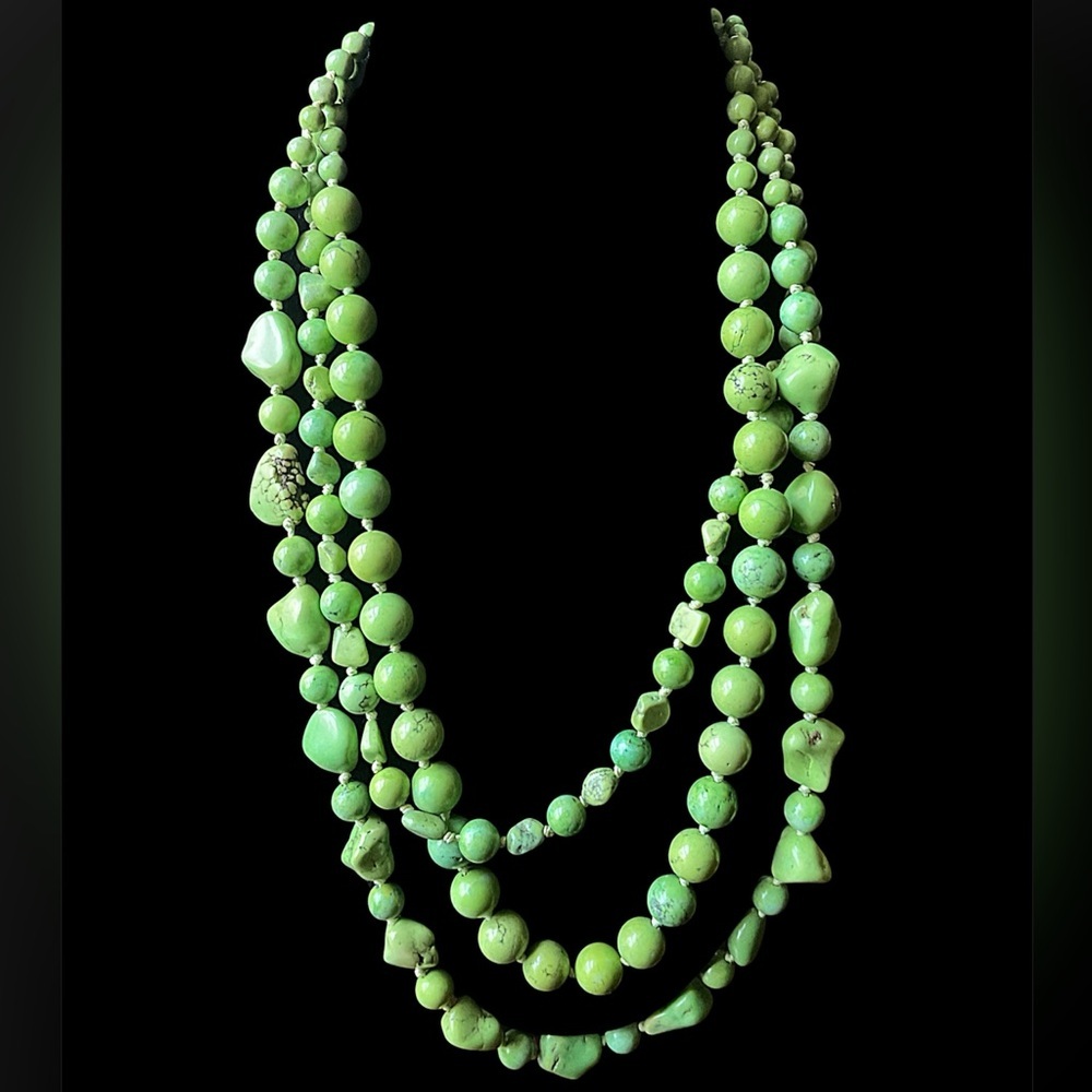 Vintage Green Turquoise Bead Triple Strand Sterling Silver Necklace